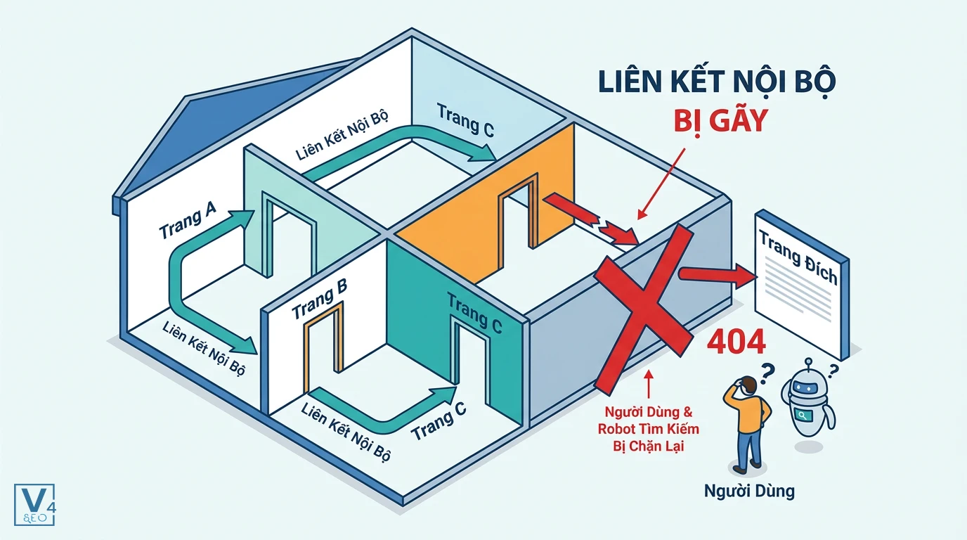 khai-niem-internal-link-gay Mô hình ngôi nhà giải thích khái niệm internal link gãy là gì khi đường dẫn bị chặn lại bởi lỗi 404.