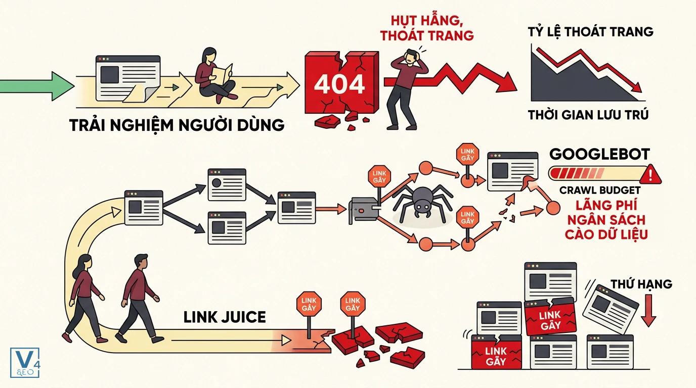 tac-hai-cua-internal-link-gay-doi-voi-seo Sơ đồ minh họa tác hại của internal link gãy làm giảm trải nghiệm người dùng, lãng phí crawl budget và tụt thứ hạng SEO.