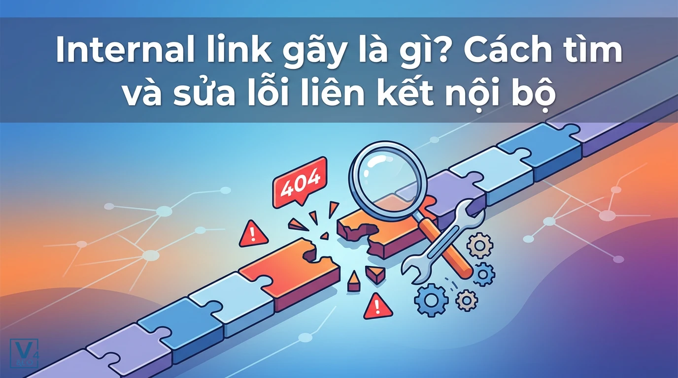 Mô tả khái niệm internal link gãy là gì qua hình ảnh chuỗi liên kết bị đứt đoạn kèm lỗi 404 và công cụ sửa chữa.
