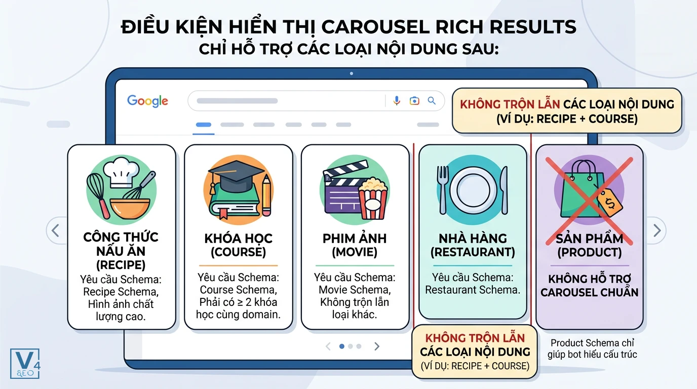 Các loại Schema hỗ trợ hiển thị Carousel Google Các loại nội dung được Google hỗ trợ hiển thị Carousel Rich Results bao gồm Recipe, Course, Movie và Restaurant.