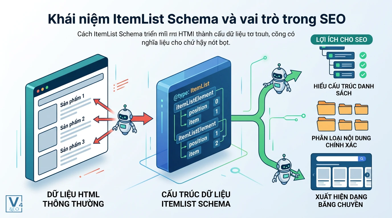 Cấu trúc và vai trò của ItemList Schema Cách chuyển đổi HTML thông thường sang cấu trúc ItemList Schema giúp bot dễ hiểu và tối ưu hiển thị SEO.