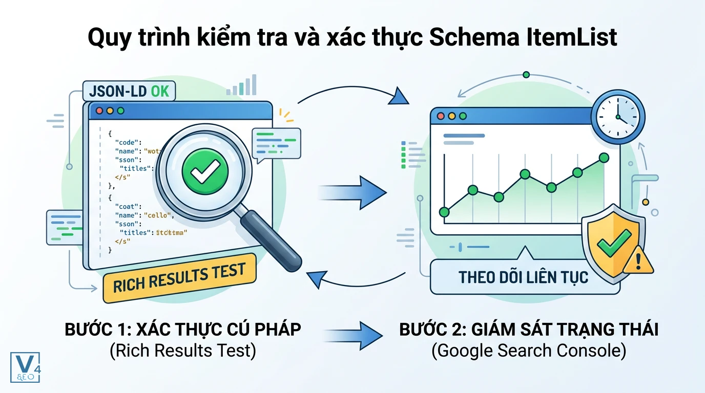 Quy trình xác thực và giám sát Schema ItemList Quy trình hai bước kiểm tra cú pháp JSON-LD bằng Rich Results Test và giám sát trạng thái trên Google Search Console.