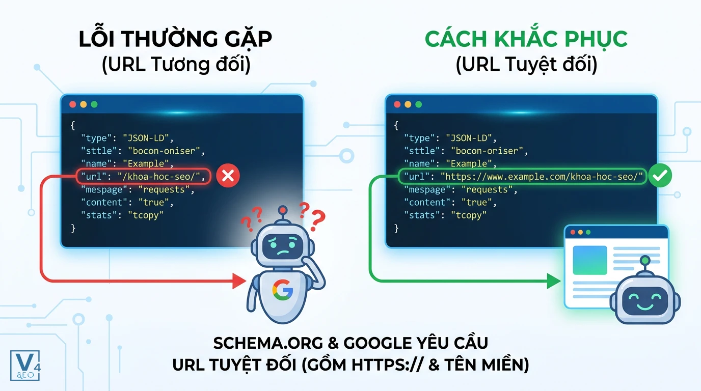 Sửa lỗi URL tương đối trong JSON-LD So sánh lỗi dùng URL tương đối và cách sửa bằng URL tuyệt đối trong mã JSON-LD để Googlebot hiểu được.