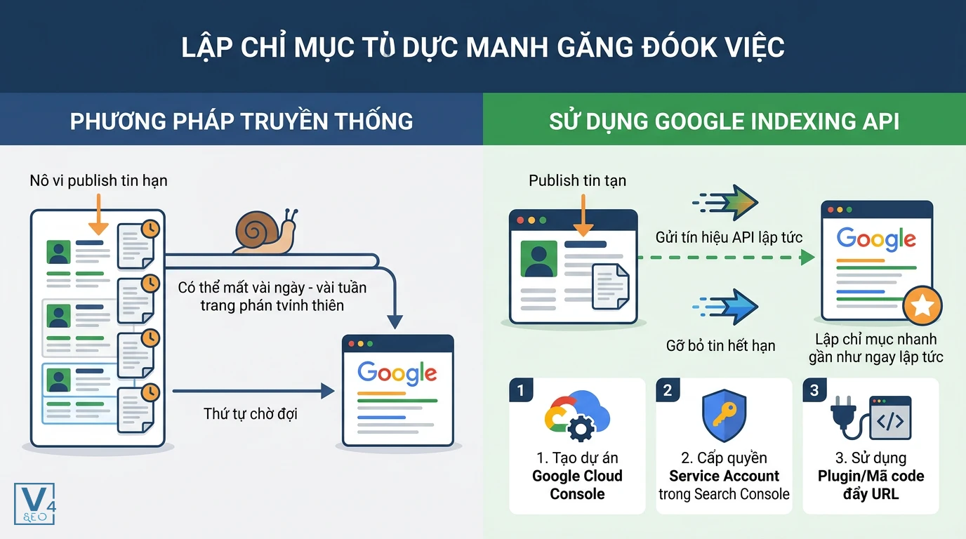 Quy trình lập chỉ mục tin tuyển dụng bằng Google Indexing API So sánh hiệu quả lập chỉ mục tin tuyển dụng giữa phương pháp truyền thống và giải pháp tăng tốc bằng Google Indexing API.