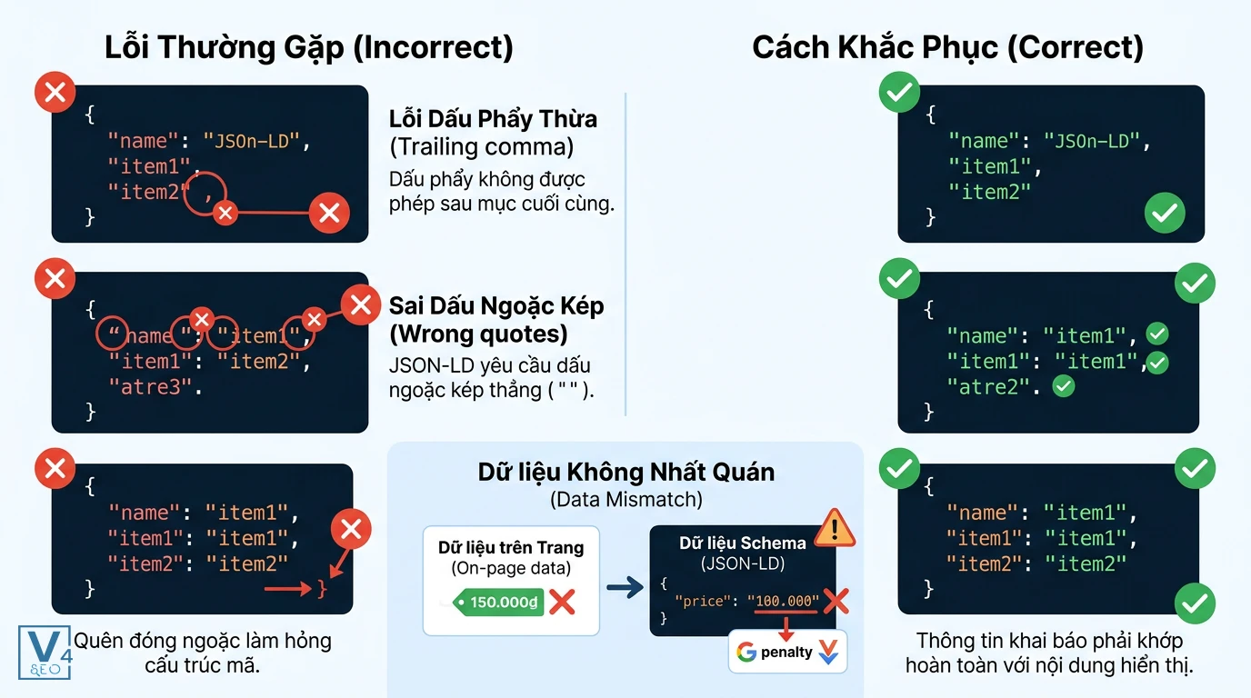 Lỗi cú pháp JSON-LD thường gặp và cách sửa So sánh cú pháp JSON-LD sai và đúng giúp khắc phục lỗi dấu phẩy, dấu ngoặc và bất đồng bộ dữ liệu.