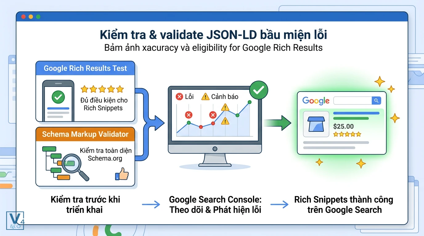 Quy trình tối ưu và kiểm tra JSON-LD Quy trình kiểm tra và theo dõi lỗi JSON-LD bằng các công cụ của Google để hiển thị Rich Snippets thành công.