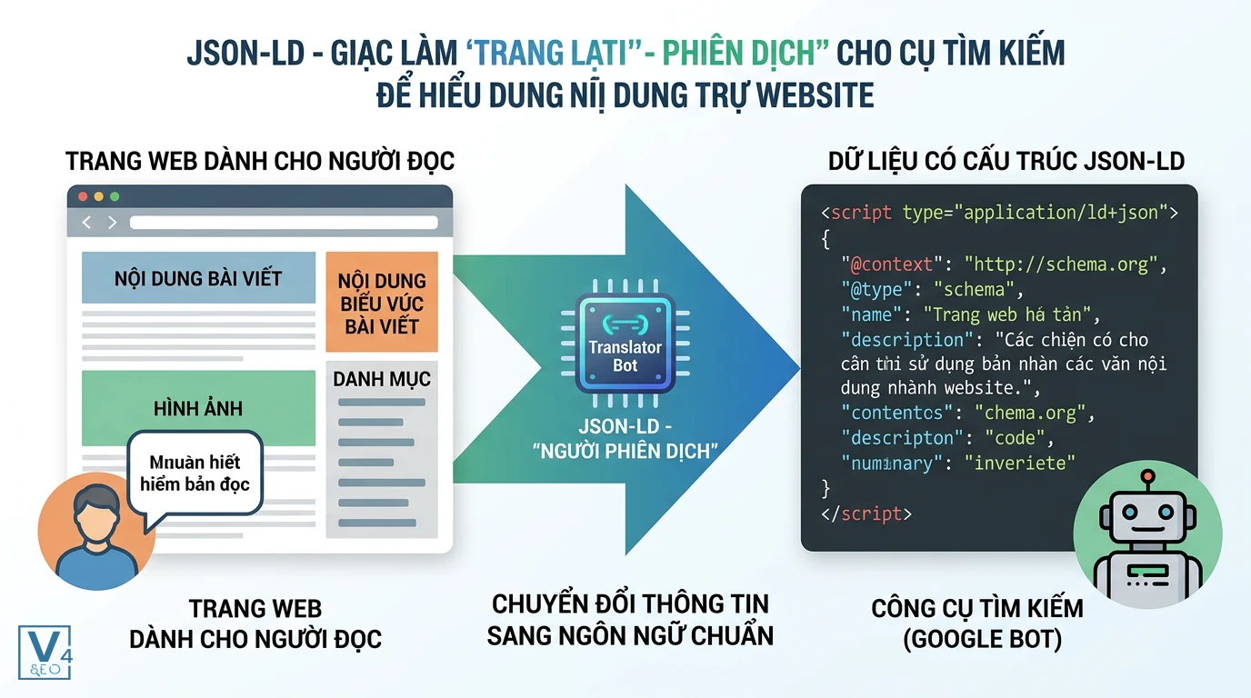 Vai trò phiên dịch dữ liệu của JSON-LD JSON-LD đóng vai trò dịch thuật, chuyển đổi nội dung trang web của người đọc thành dữ liệu có cấu trúc cho bot tìm kiếm.