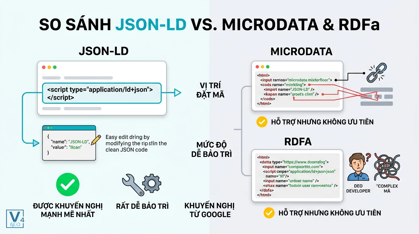 So sánh JSON-LD với Microdata và RDFa JSON-LD tách biệt mã nguồn giúp dễ bảo trì và được Google khuyến nghị hơn so với Microdata và RDFa chèn trực tiếp.