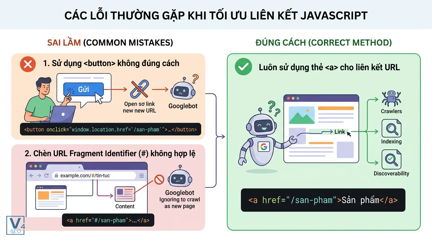 loi-toi-uu-lien-ket-javascript So sánh cách dùng thẻ a chuẩn SEO và các lỗi dùng button hoặc fragment identifier khiến Googlebot không thể cào dữ liệu.