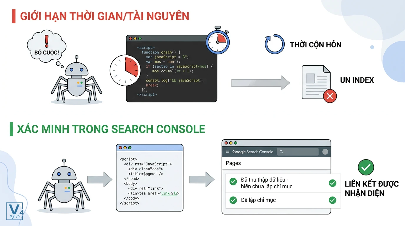 quy-trinh-googlebot-xu-ly-lien-ket-javascript Sơ đồ so sánh quá trình Googlebot bỏ cuộc do giới hạn tài nguyên và cách xác minh liên kết JS thành công trong Search Console.