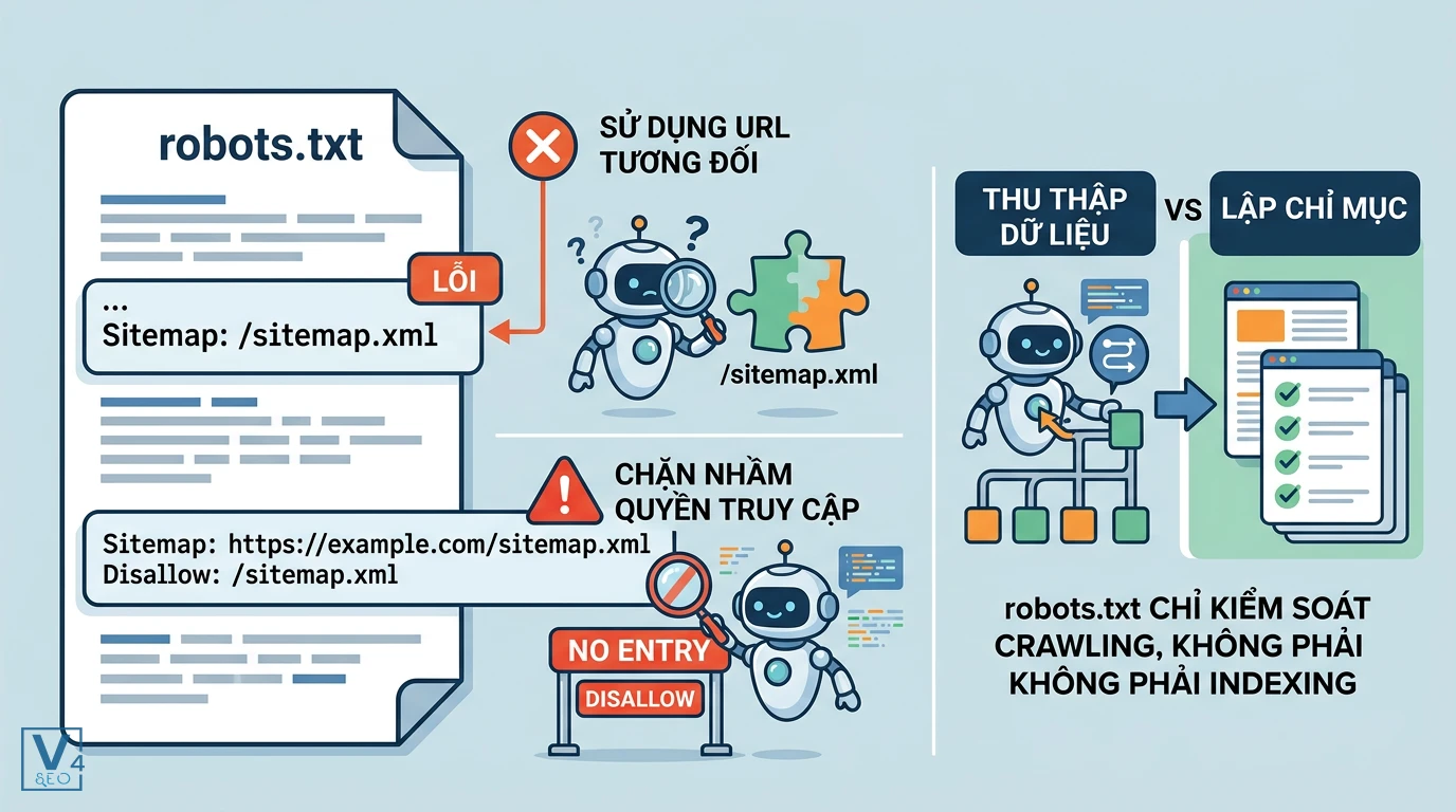 cac-loi-cau-hinh-sitemap-robots-txt Minh họa các lỗi cấu hình sitemap trong robots.txt như dùng URL tương đối, chặn quyền truy cập và nhầm lẫn crawling với indexing.