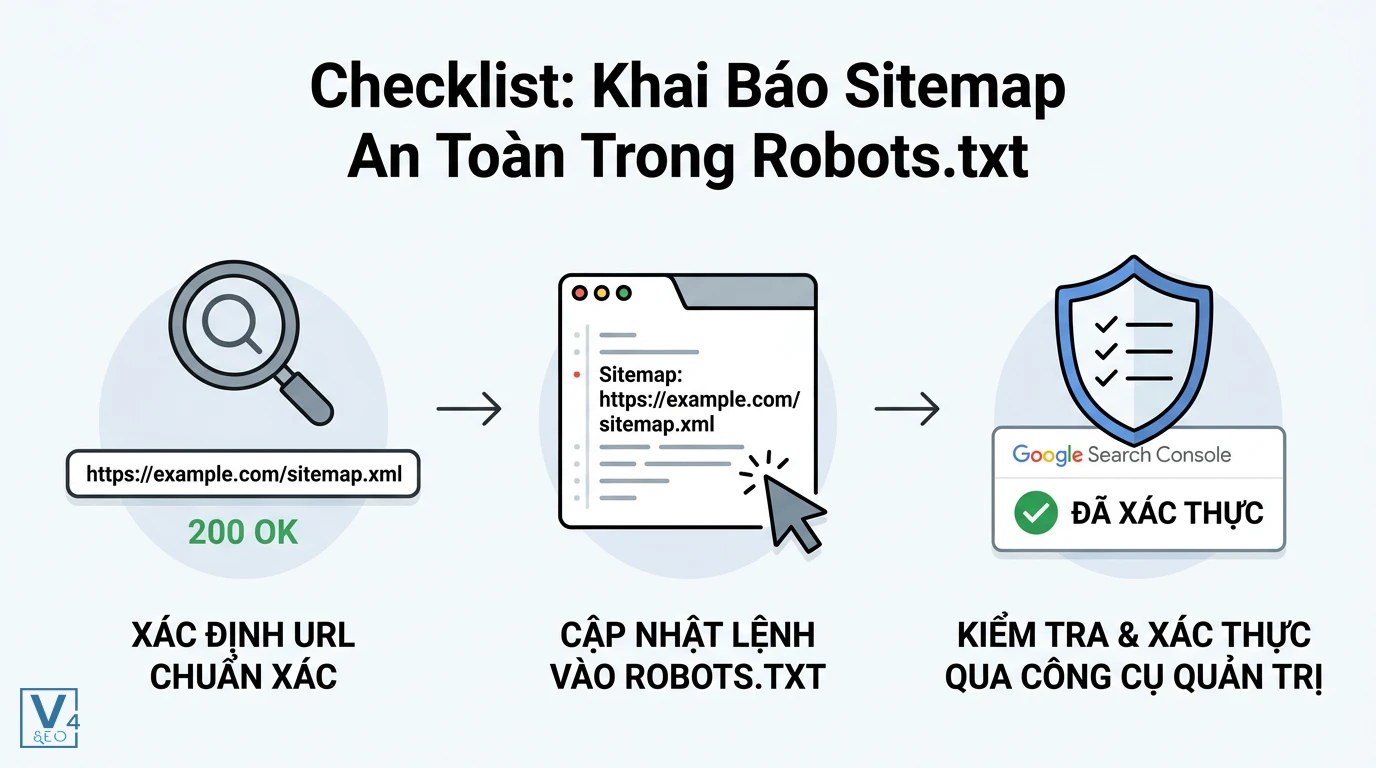 quy-trinh-khai-bao-sitemap-robots-txt Quy trình 3 bước khai báo sitemap trong robots.txt gồm kiểm tra URL, thêm dòng lệnh và xác thực qua Search Console.