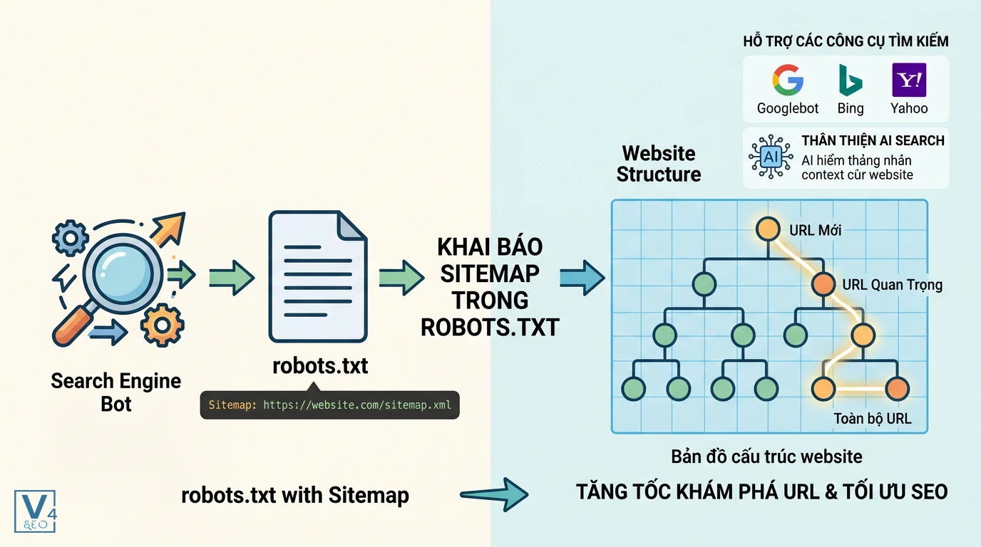 co-che-khai-bao-sitemap-robots-txt Cơ chế bot tìm kiếm đọc file robots.txt để truy cập sitemap giúp tăng tốc độ khám phá URL và tối ưu SEO.