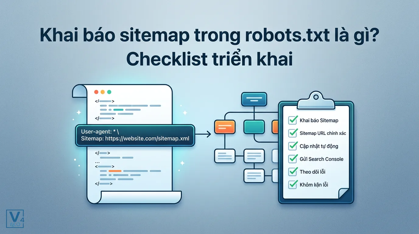 Mô hình kết nối sitemap vào file robots.txt kèm bảng checklist các bước tối ưu hóa cấu trúc website cho SEO.