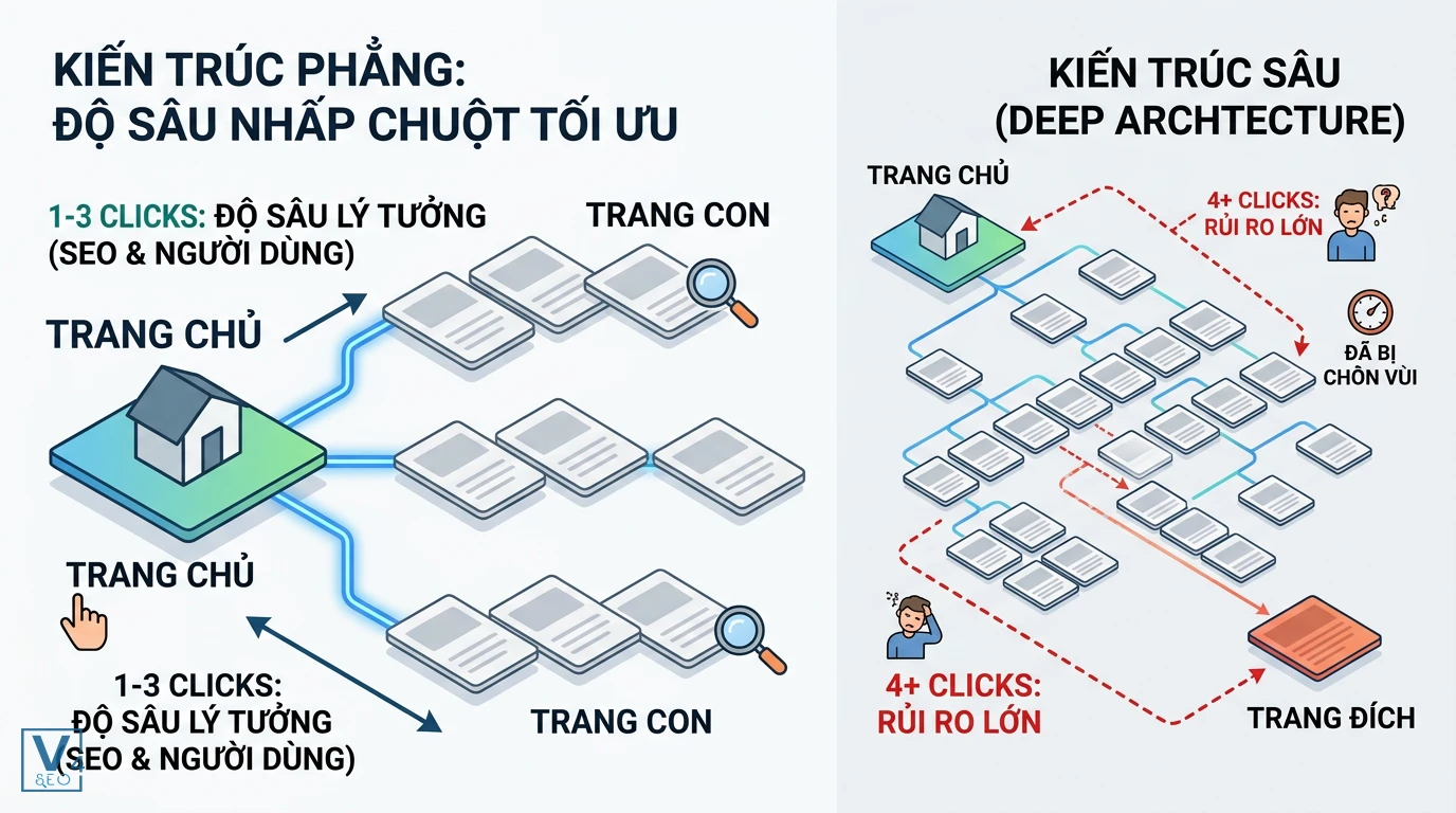 so-sanh-kien-truc-phang-va-kien-truc-sau So sánh kiến trúc phẳng tối ưu 1-3 click với kiến trúc sâu gây rủi ro chôn vùi trang đích trong SEO.