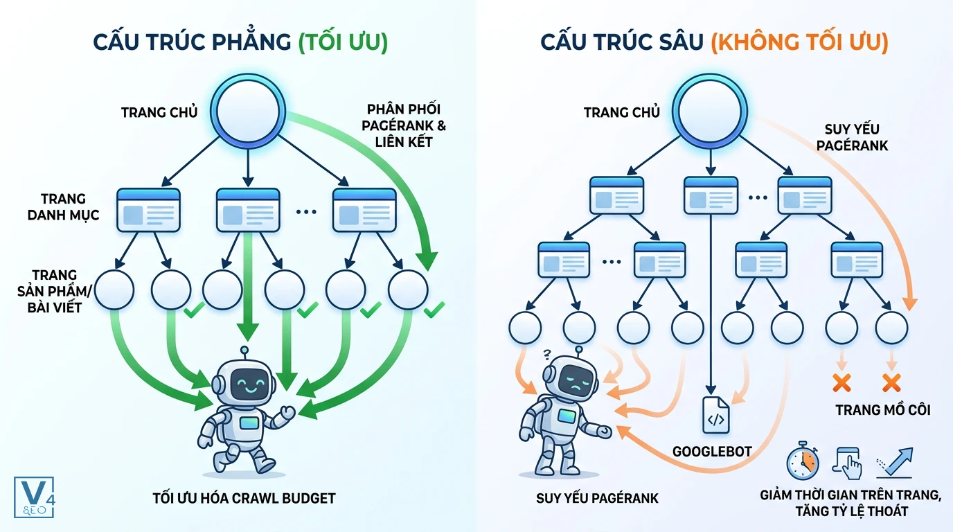 so-sanh-kien-truc-phang-va-cau-truc-sau-seo So sánh hiệu quả phân phối PageRank và tối ưu crawl budget giữa kiến trúc phẳng và cấu trúc sâu.