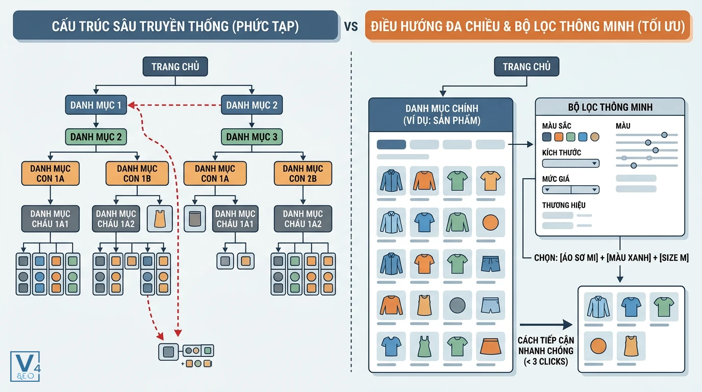 giai-phap-dieu-huong-da-chieu-website-lon So sánh cấu trúc sâu truyền thống phức tạp với giải pháp điều hướng đa chiều và bộ lọc thông minh tối ưu cho website lớn.