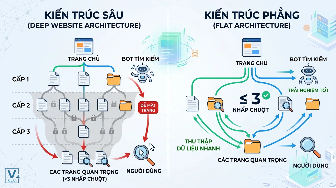 so-sanh-kien-truc-sau-va-kien-truc-phang-website So sánh kiến trúc sâu và kiến trúc phẳng dựa trên số lần nhấp chuột của người dùng và bot tìm kiếm.
