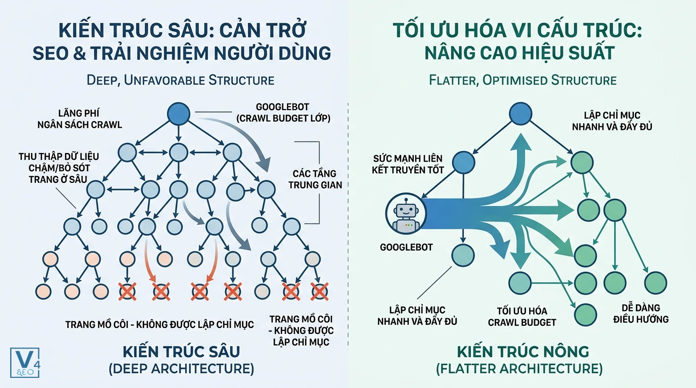 so-sanh-kien-truc-sau-va-kien-truc-nong-seo So sánh tác hại của kiến trúc sâu gây lãng phí crawl budget với lợi ích tối ưu của cấu trúc website nông.