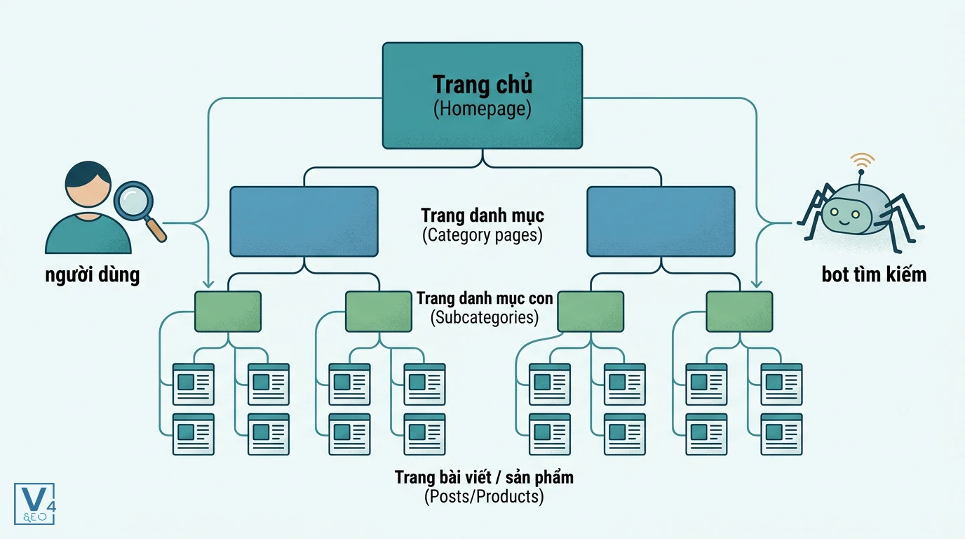 mo-hinh-phan-cap-kien-truc-website Mô hình phân cấp kiến trúc website là gì giúp người dùng và bot tìm kiếm dễ dàng điều hướng thông tin.