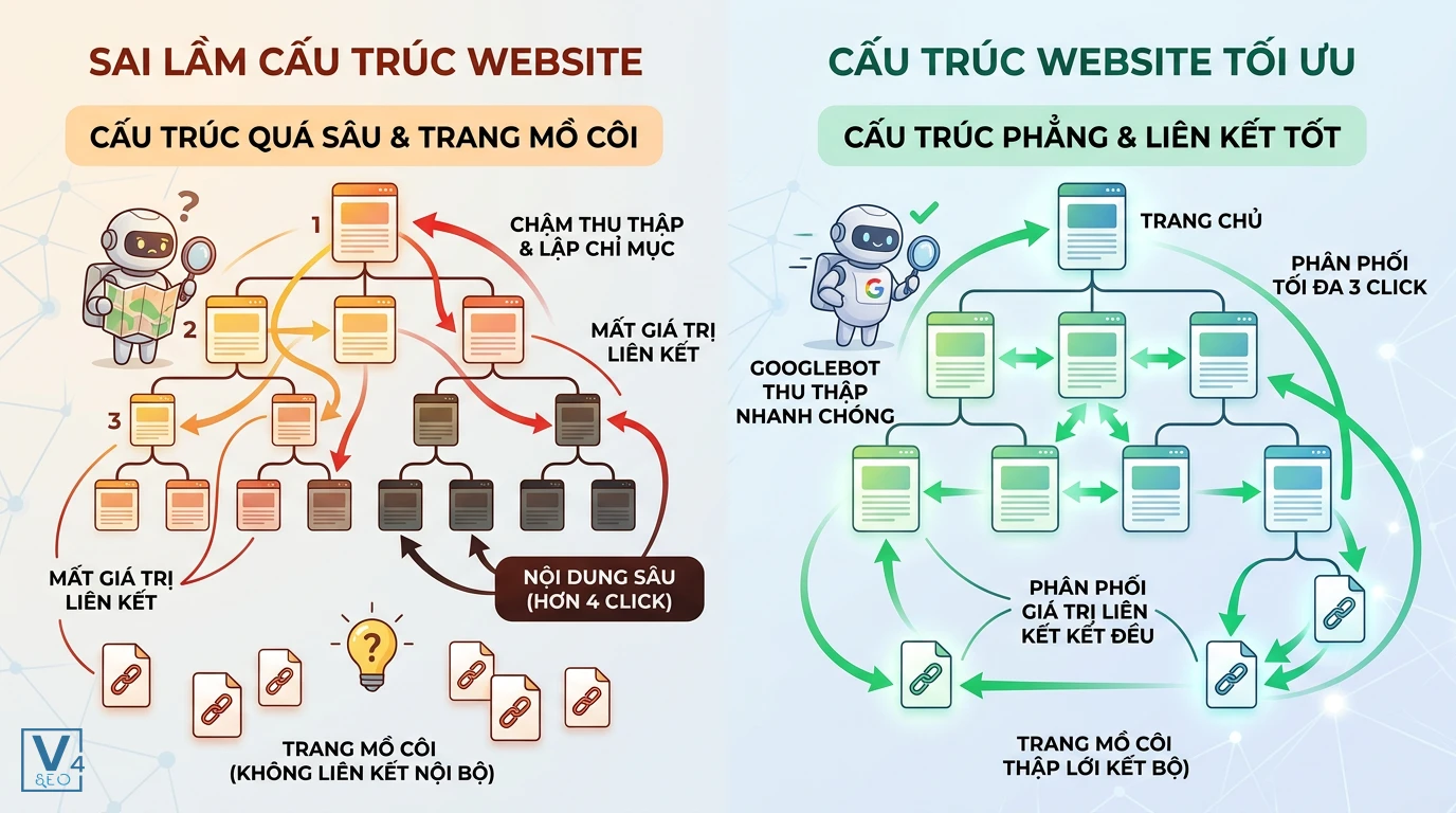 so-sanh-sai-lam-va-toi-uu-kien-truc-website So sánh sai lầm kiến trúc website quá sâu, trang mồ côi với cấu trúc phẳng tối ưu giúp Googlebot dễ thu thập dữ liệu.