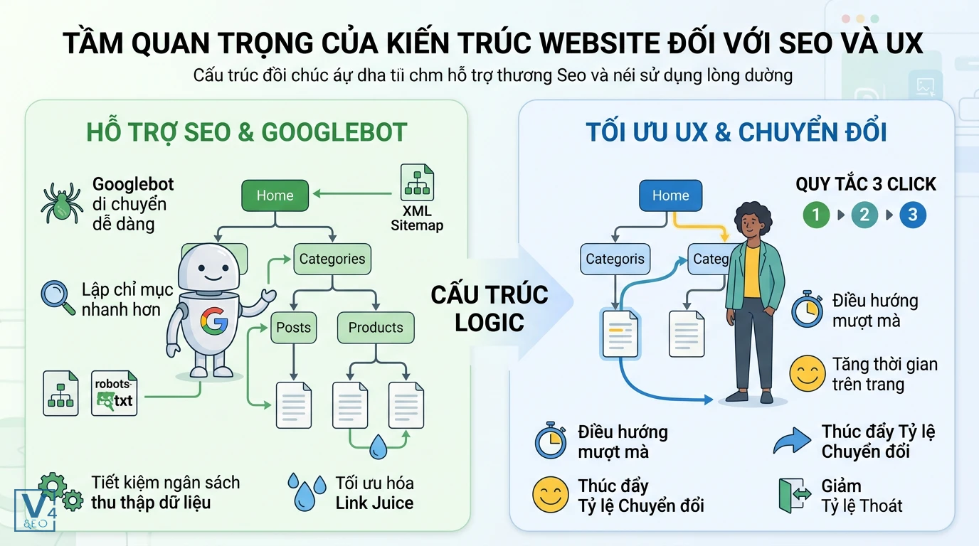 loi-ich-cua-kien-truc-website-cho-seo-va-ux Sơ đồ so sánh lợi ích kép của kiến trúc website là gì đối với việc tối ưu Googlebot và trải nghiệm người dùng.