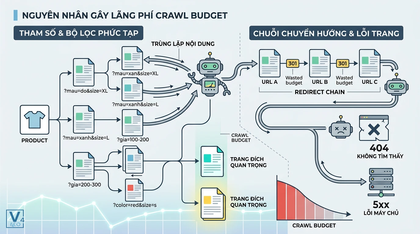 nguyen-nhan-lang-phi-crawl-budget Sơ đồ minh họa các nguyên nhân hàng đầu gây lãng phí crawl budget như bộ lọc URL phức tạp và chuỗi chuyển hướng.