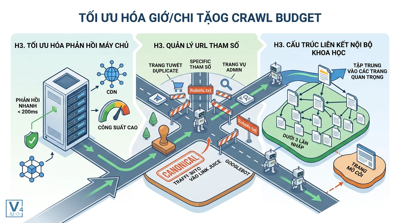 giai-phap-toi-uu-hoa-crawl-budget Sơ đồ 3 giải pháp tối ưu hóa crawl budget gồm cải thiện máy chủ, chặn URL rác bằng robots.txt và xây dựng liên kết nội bộ.