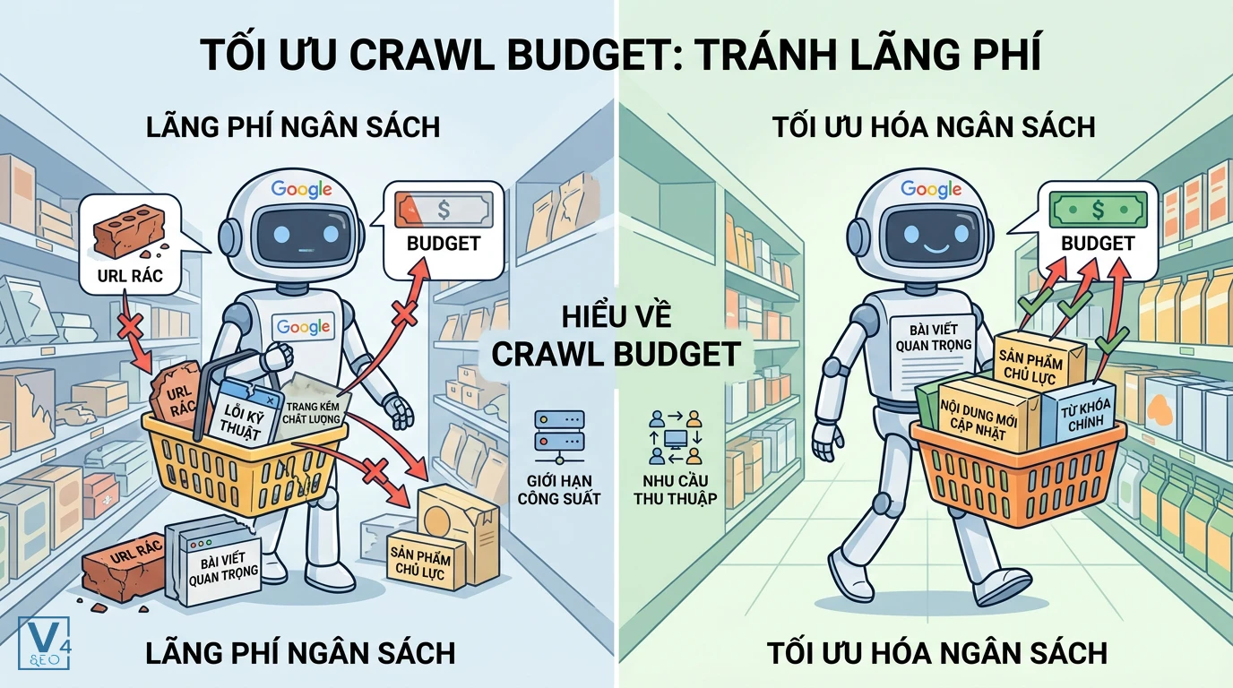 so-sanh-lang-phi-va-toi-uu-crawl-budget So sánh lãng phí crawl budget khi Googlebot quét URL rác và tối ưu hóa ngân sách khi tập trung vào trang cốt lõi.