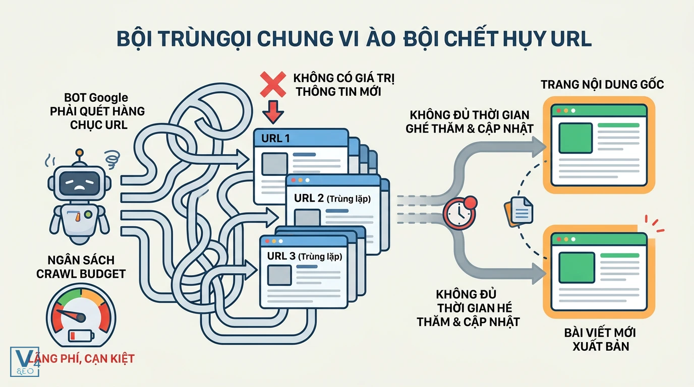 tac-hai-noi-dung-trung-lap-crawl-budget Sơ đồ tác hại của nội dung trùng lặp gây lãng phí crawl budget khi bot Google bị kẹt ở các URL rác.