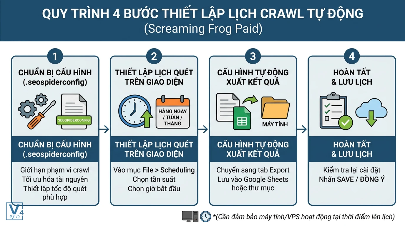 quy-trinh-thiet-lap-schedule-crawl-screaming-frog Sơ đồ quy trình 4 bước thiết lập lịch crawl tự động bằng công cụ Screaming Frog phiên bản trả phí.