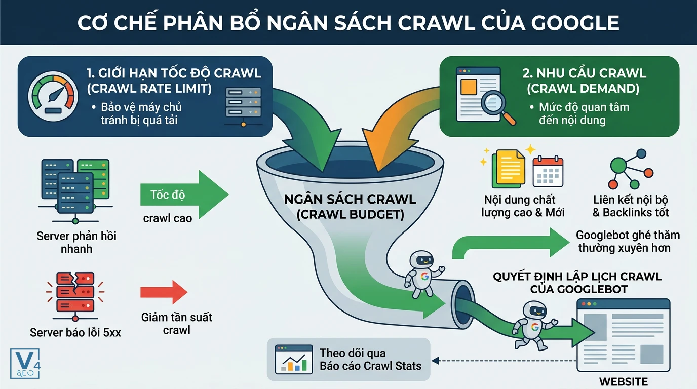 co-che-phan-bo-ngan-sach-crawl-google Sơ đồ cơ chế phân bổ ngân sách crawl của Google dựa trên giới hạn tốc độ và nhu cầu thu thập dữ liệu thực tế.