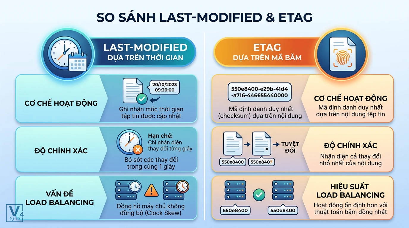 so-sanh-last-modified-va-etag Bảng đối chiếu cơ chế hoạt động, độ chính xác và hiệu suất load balancing giữa Last-Modified và ETag.