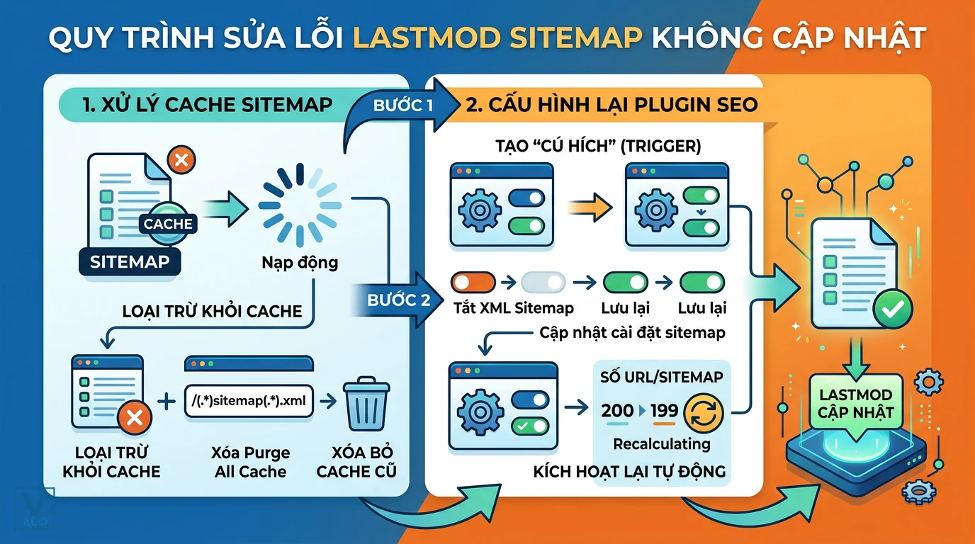 quy-trinh-sua-loi-lastmod-sitemap Sơ đồ 2 bước xử lý lỗi lastmod sitemap không cập nhật bằng cách loại trừ cache và cấu hình lại plugin SEO.