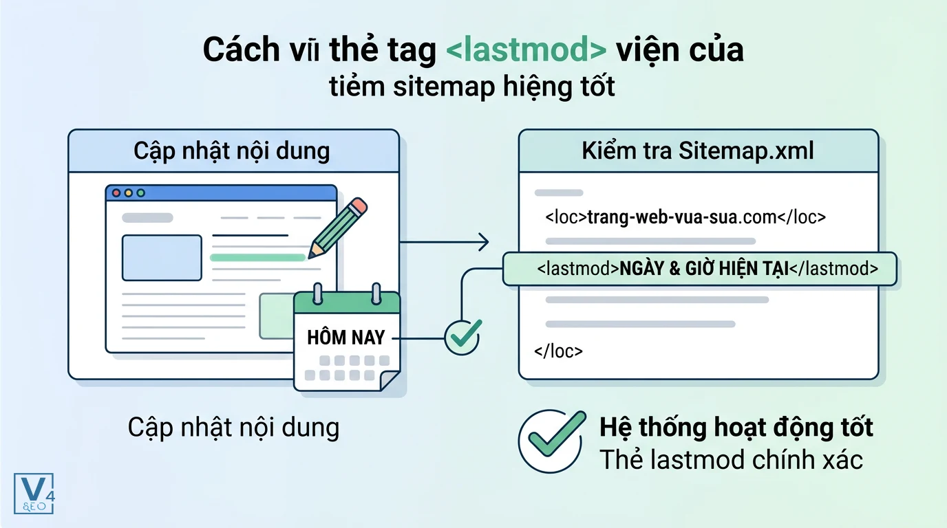 Quy trình kiểm tra thẻ lastmod sitemap Quy trình đối chiếu thời gian cập nhật bài viết với thẻ lastmod trong file sitemap xml để kiểm tra tính chính xác