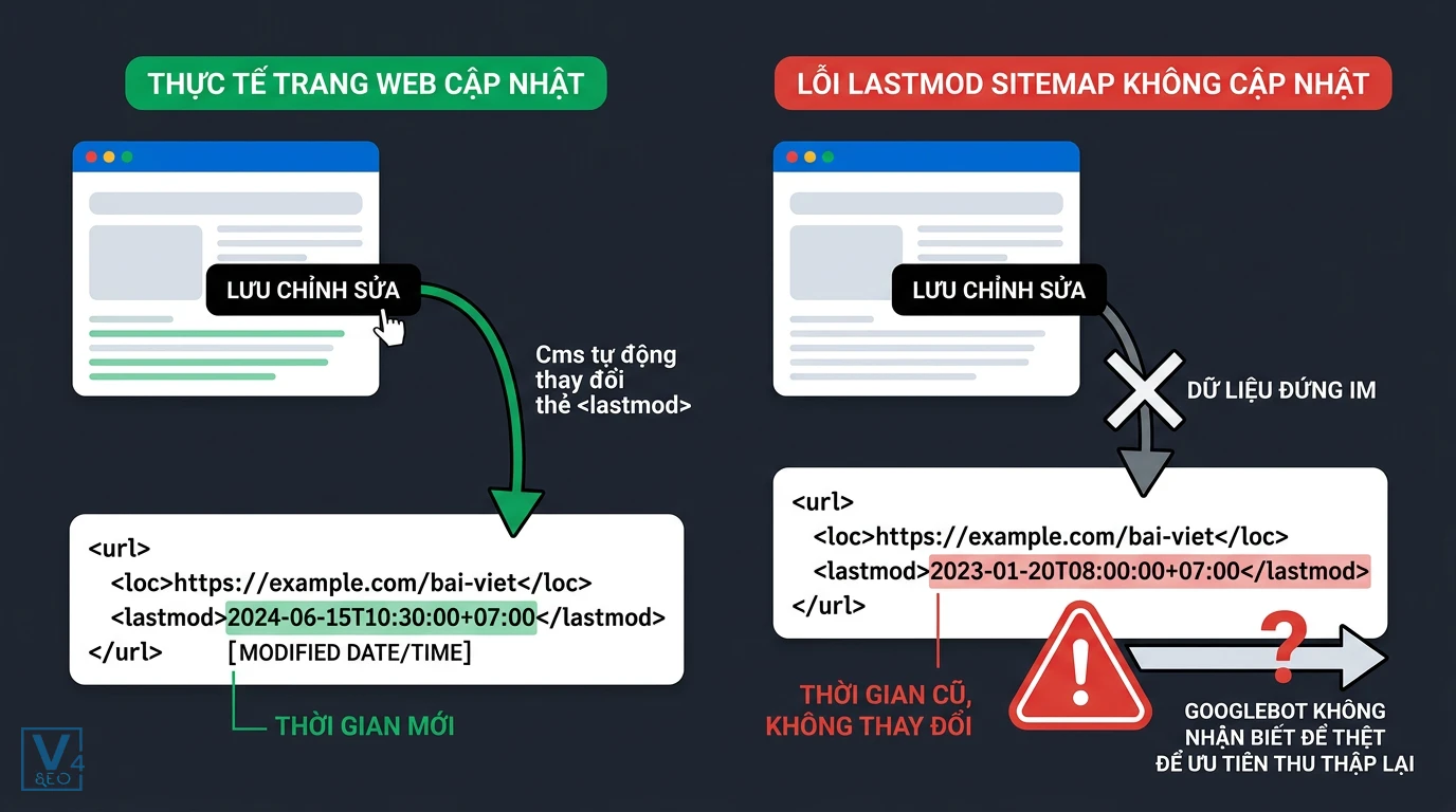 so-sanh-loi-lastmod-sitemap So sánh sitemap hoạt động bình thường và lỗi lastmod sitemap không cập nhật khiến Googlebot bỏ lỡ nội dung mới.