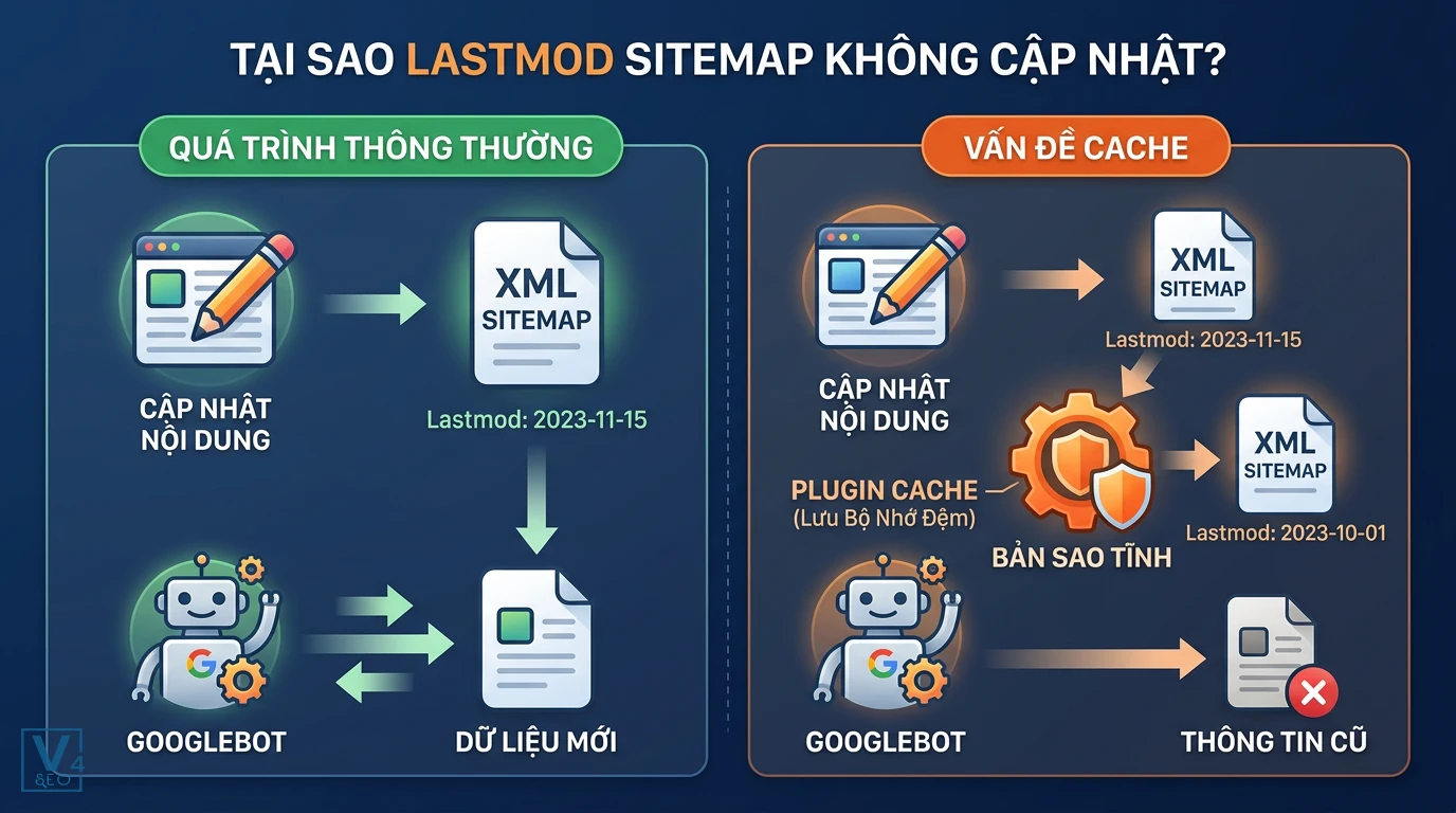 nguyen-nhan-lastmod-sitemap-khong-cap-nhat So sánh quá trình cập nhật sitemap thông thường và lỗi do plugin cache giữ lại thông tin cũ.