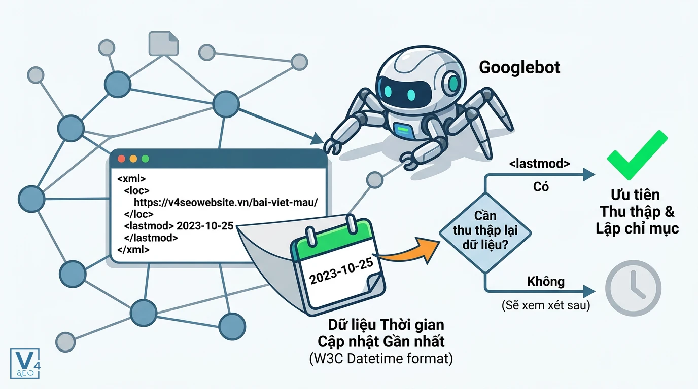 co-che-hoat-dong-the-lastmod-sitemap Sơ đồ giải thích cách Googlebot đọc thẻ lastmod sitemap là gì để quyết định ưu tiên thu thập lại dữ liệu website.