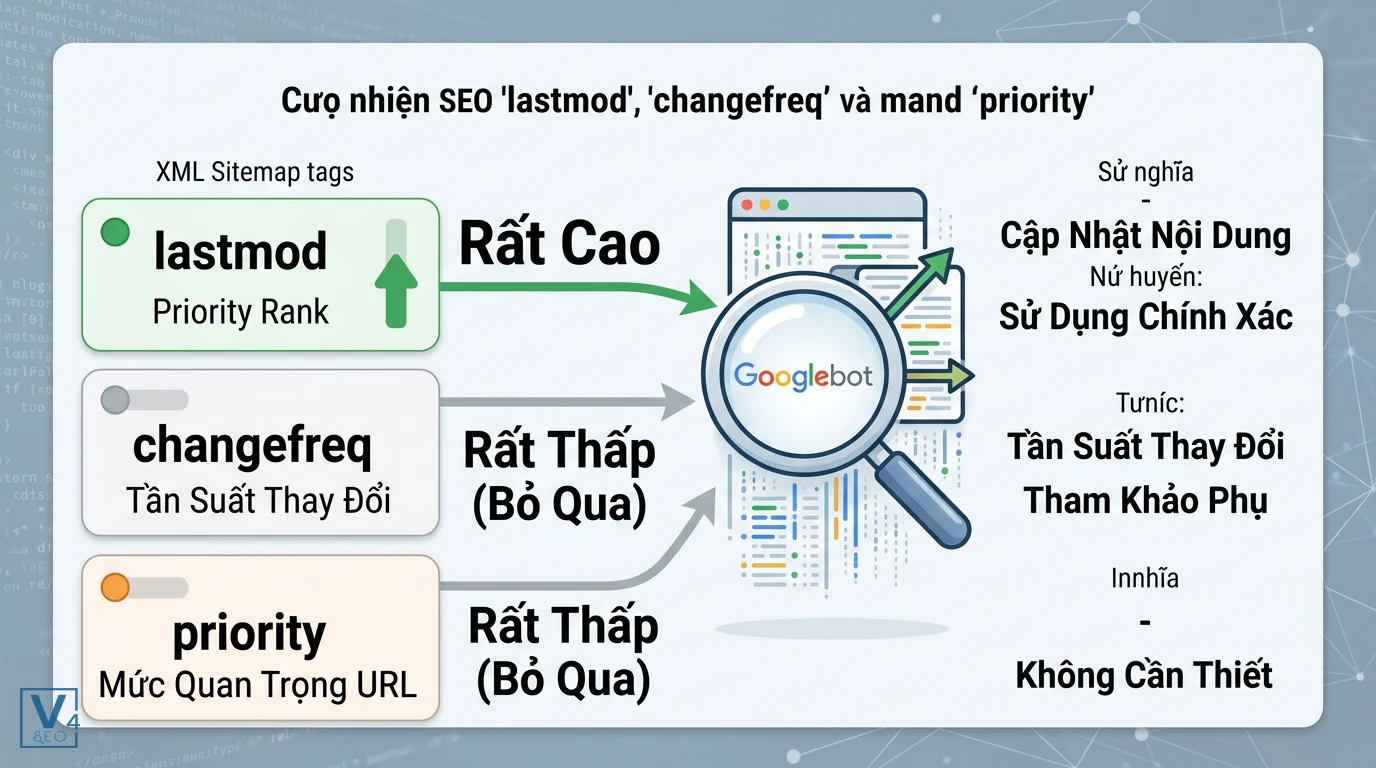 so-sanh-lastmod-changefreq-priority Bảng so sánh mức độ ưu tiên của Googlebot đối với thẻ lastmod sitemap là gì so với changefreq và priority.