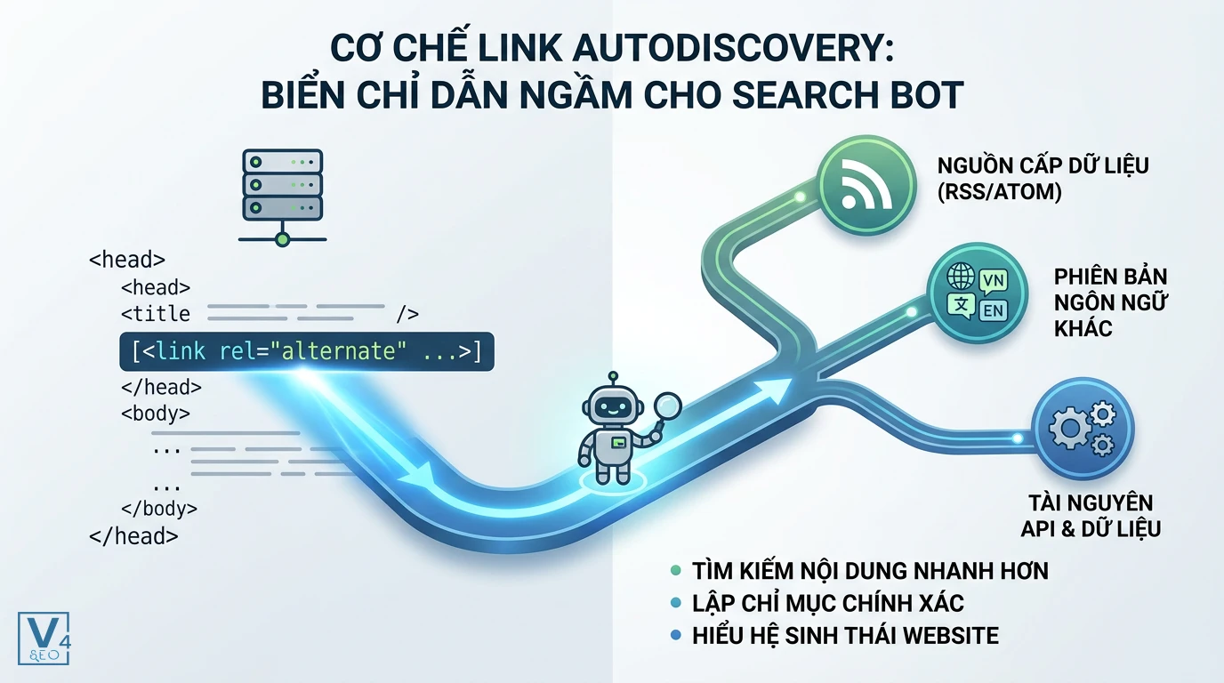 co-che-link-autodiscovery-cho-search-bot Sơ đồ cơ chế link autodiscovery giúp bot tìm kiếm tự động nhận diện RSS feed, đa ngôn ngữ và API từ thẻ link trong HTML.