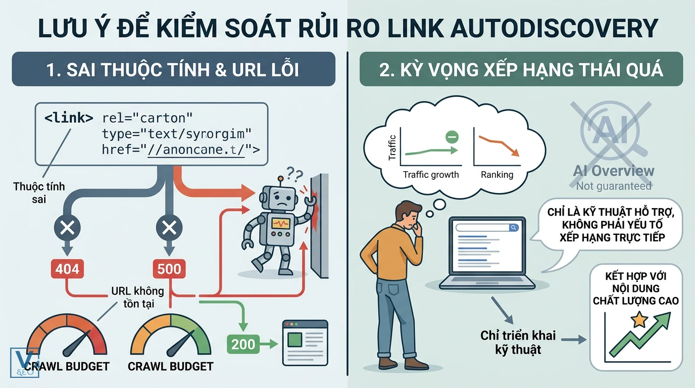 luu-y-kiem-soat-rui-ro-link-autodiscovery Các rủi ro khi dùng link autodiscovery gồm sai thuộc tính gây lãng phí crawl budget và kỳ vọng xếp hạng quá cao.
