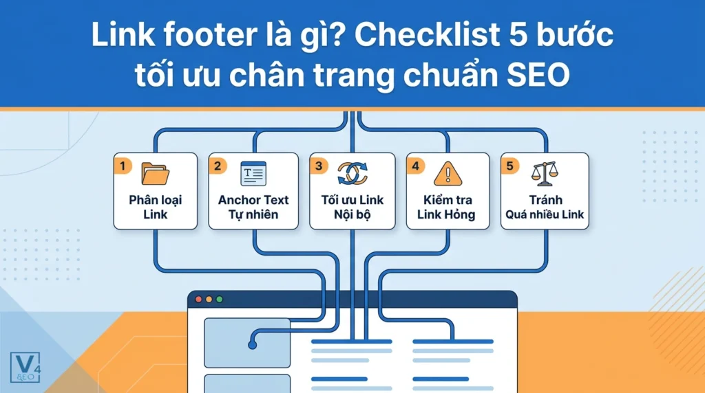 Link footer là gì? Checklist 5 bước tối ưu chân trang chuẩn SEO 6 Sơ đồ quy trình 5 bước tối ưu link footer chuẩn SEO giúp phân bổ link juice hiệu quả cho website.