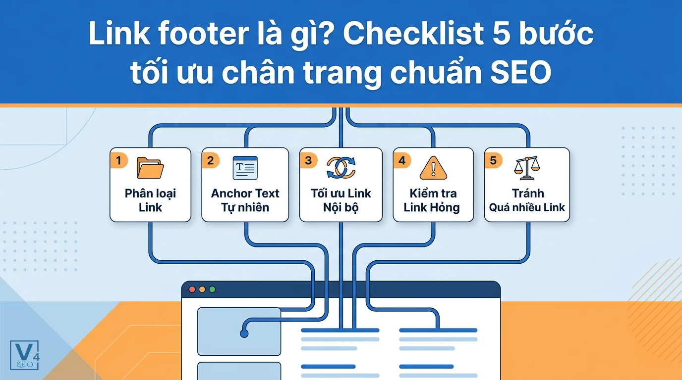 Sơ đồ quy trình 5 bước tối ưu link footer chuẩn SEO giúp phân bổ link juice hiệu quả cho website.