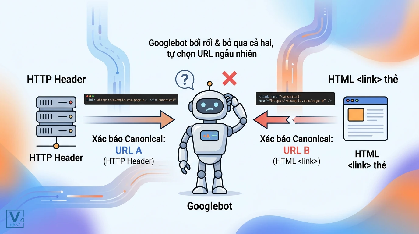 xung-dot-canonical-http-header-va-html Sơ đồ mô tả lỗi xung đột chỉ thị canonical giữa HTTP Header và thẻ HTML khiến Googlebot bối rối khi lập chỉ mục.