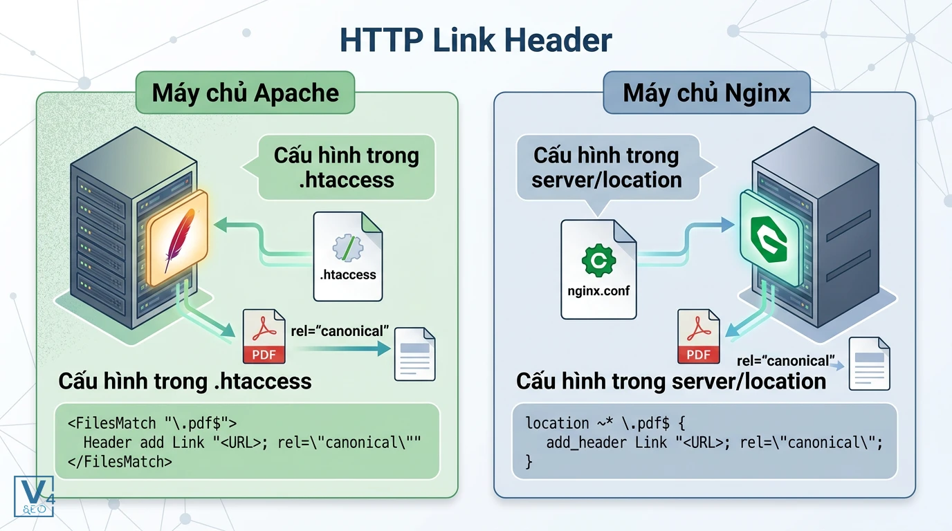 cau-hinh-http-link-header-apache-nginx So sánh cách cấu hình HTTP Link Header canonical cho file PDF trên máy chủ Apache và Nginx.