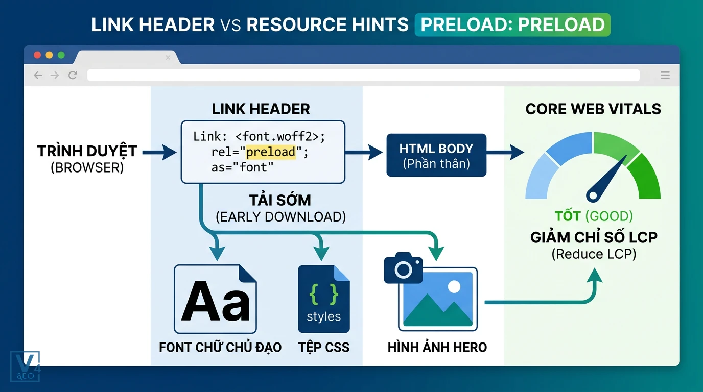 co-che-preload-qua-link-header Cơ chế hoạt động của link header giúp tải sớm font chữ, CSS và ảnh hero để tối ưu hóa chỉ số LCP.