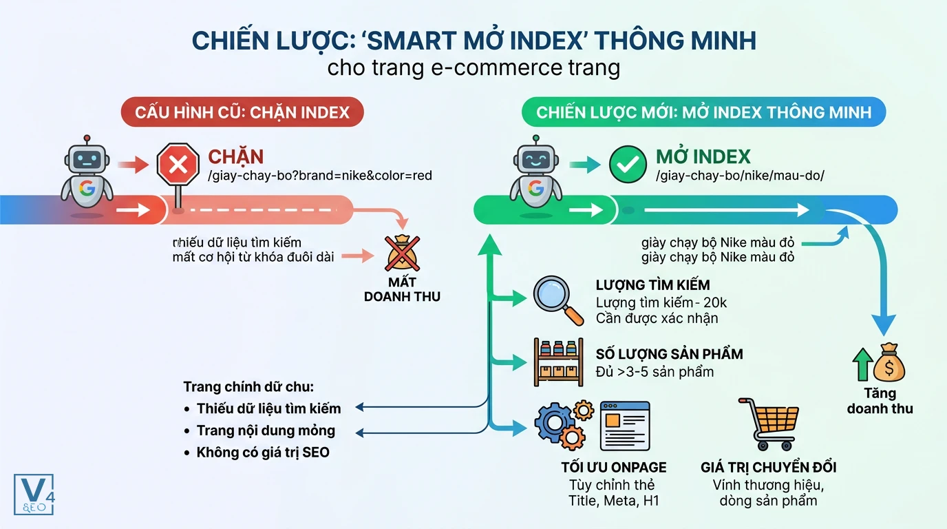 chien-luoc-mo-index-trang-loc-url So sánh cấu hình chặn index cũ và chiến lược mở index thông minh cho các trang lọc biến thể URL có giá trị SEO.
