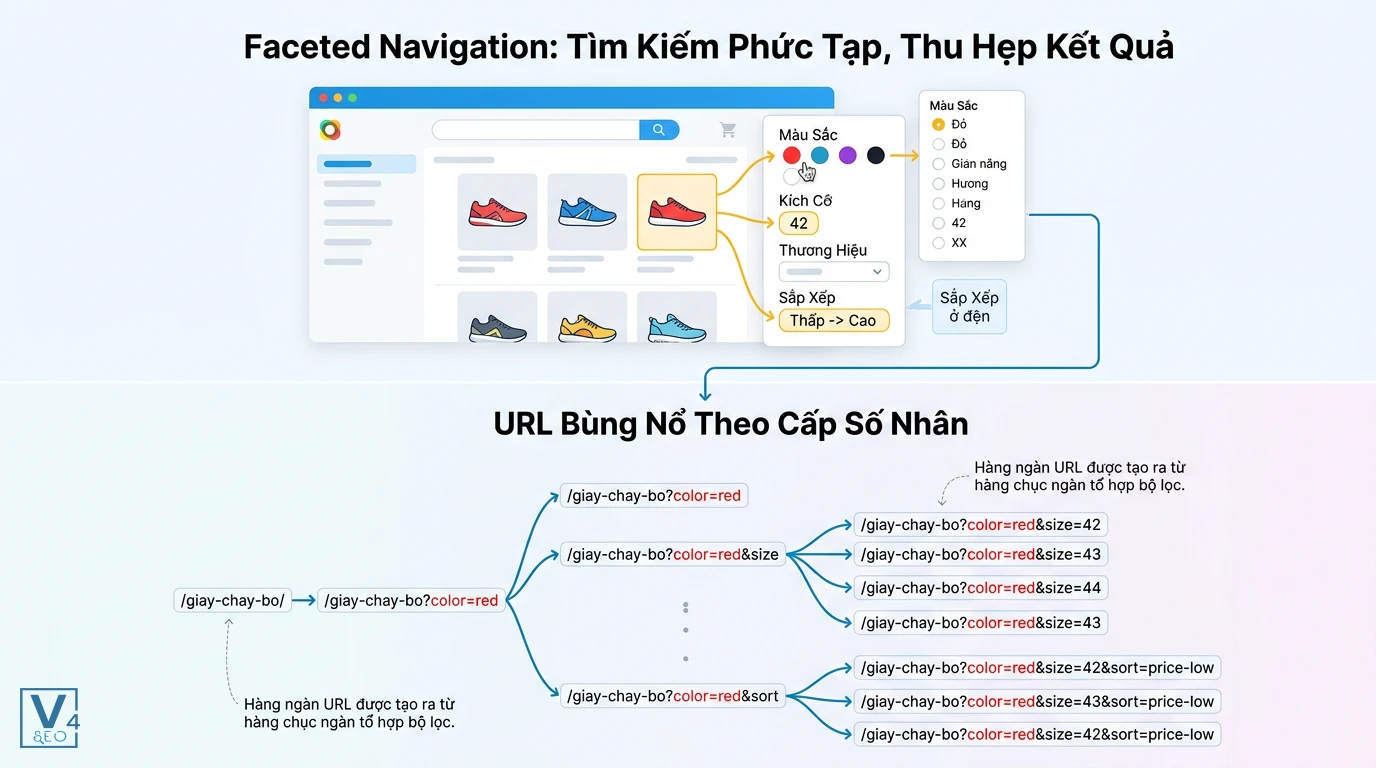 co-che-tao-bien-the-url-faceted-navigation Sơ đồ minh họa cách bộ lọc faceted navigation tạo ra hàng loạt biến thể URL từ các tổ hợp thuộc tính sản phẩm.