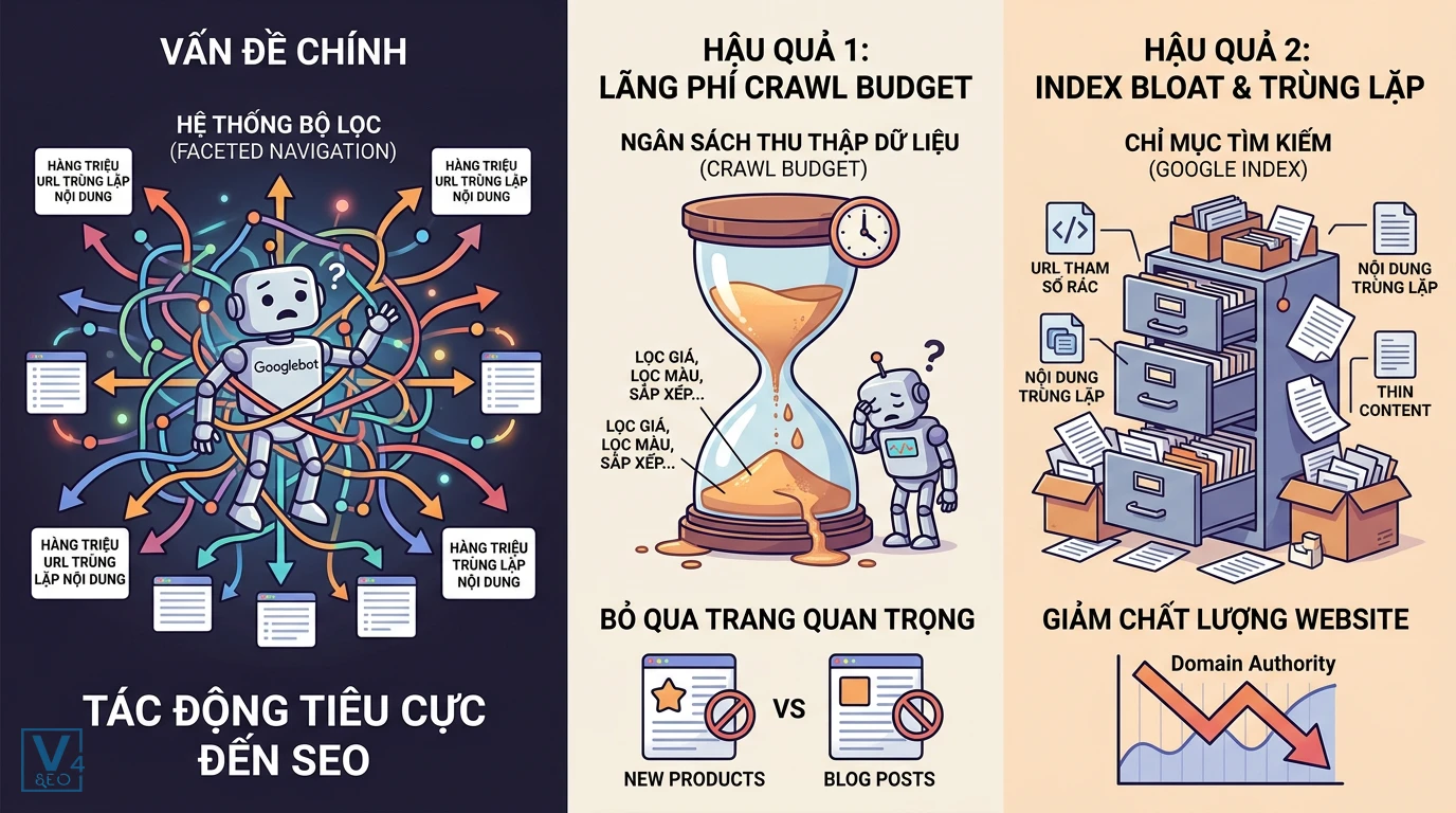 tac-dong-tieu-cuc-faceted-navigation-seo Tác hại của lọc biến thể URL faceted navigation gây lãng phí crawl budget và phình to chỉ mục index bloat