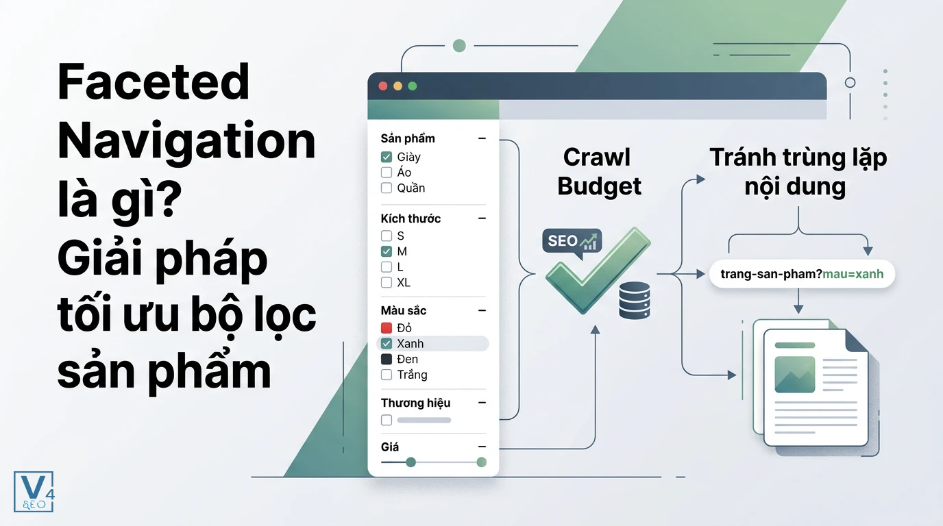 Mô hình tối ưu hóa faceted navigation giúp kiểm soát crawl budget và ngăn ngừa trùng lặp nội dung từ bộ lọc sản phẩm.